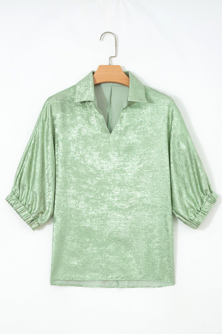Casual Collared V Neck Half Sleeve Metallic Top