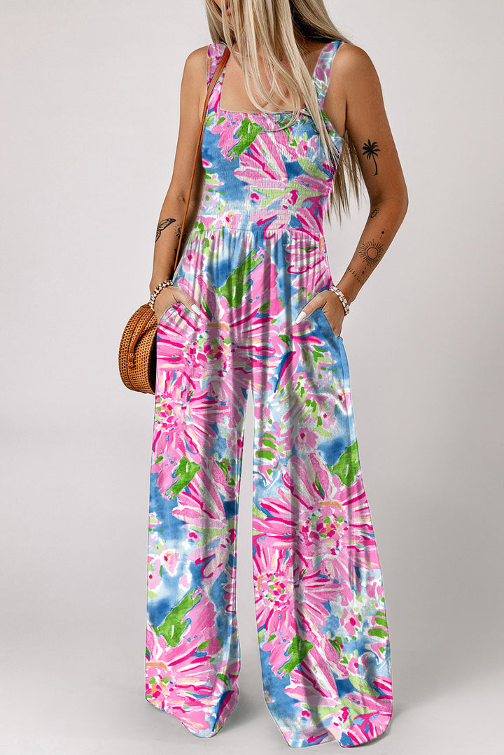 Pink Abstract Floral Painting Smocked Wide Leg Jumpsuit | Women