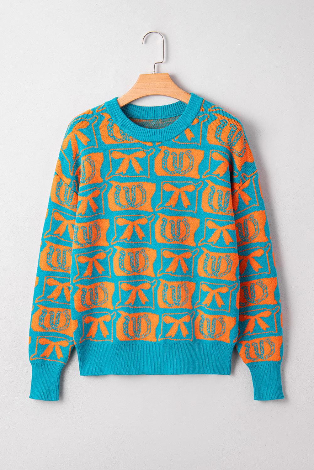 Light Blue Bows &amp; Horseshoes Pattern Western Fashion Print Sweater