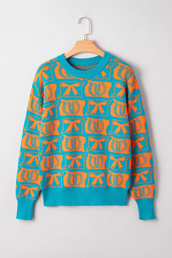 Light Blue Bows &amp; Horseshoes Pattern Western Fashion Print Sweater