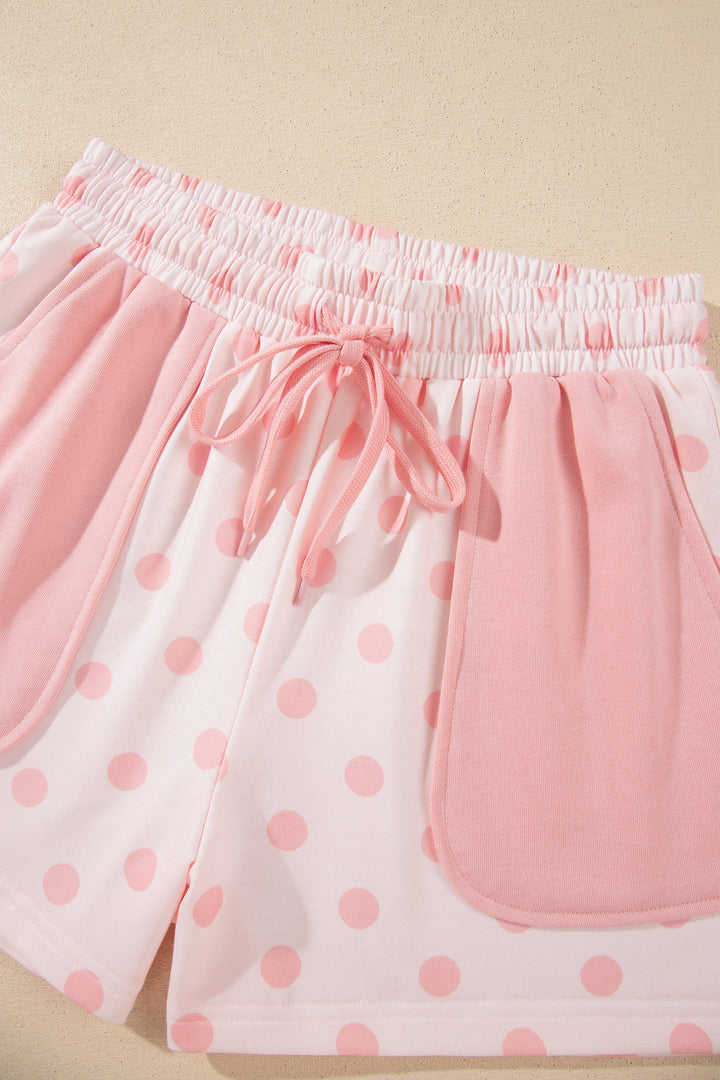 Pink Polka Dot Drop Shoulder Polo Loose Pullover Patch Pocket Casual Shorts Set