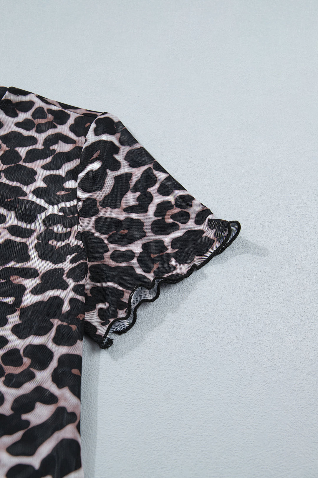 Khaki Leopard Print Sheer Mesh Short Sleeve Top