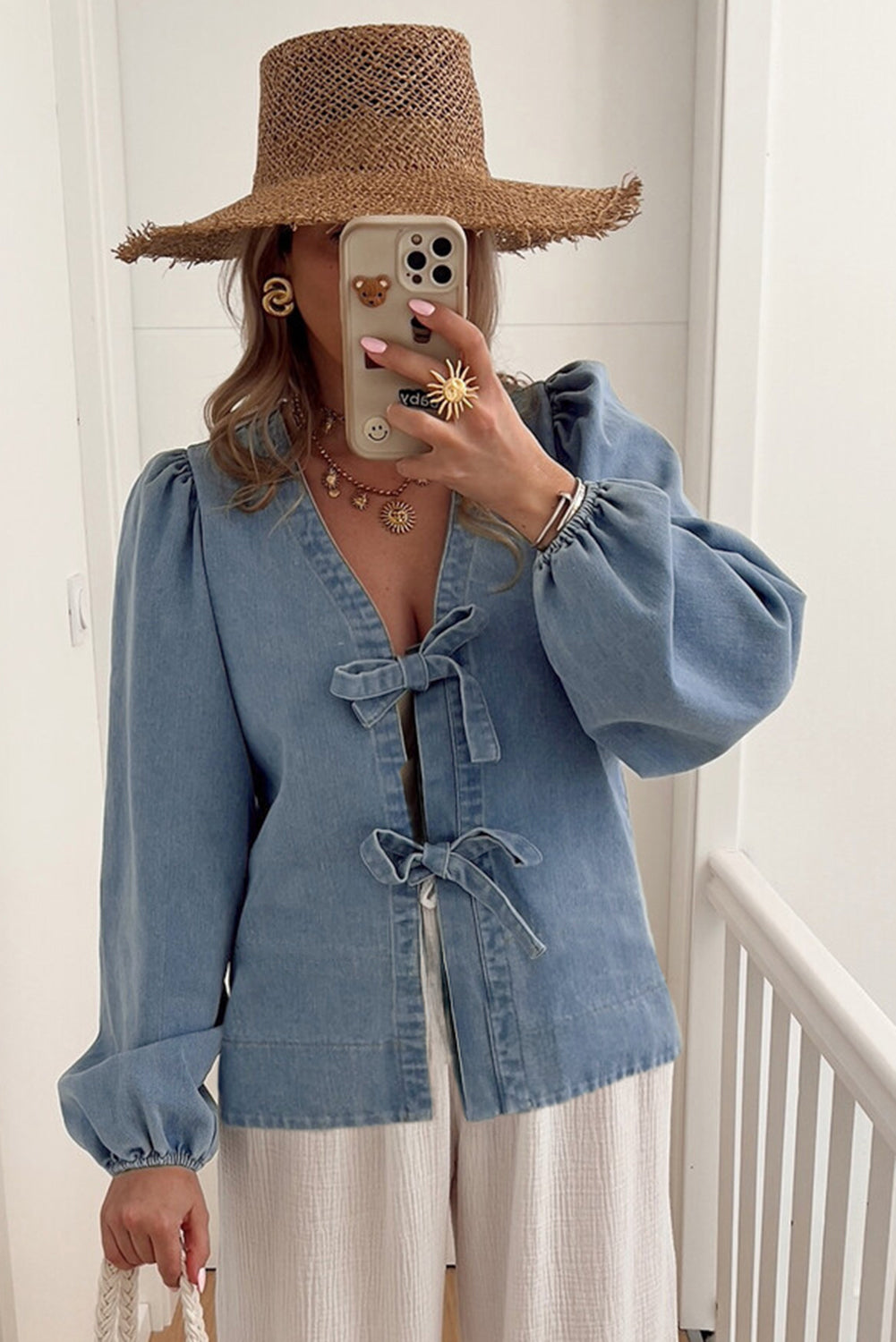 Dusk Blue Bow Tie Front Puff Sleeve Denim Top