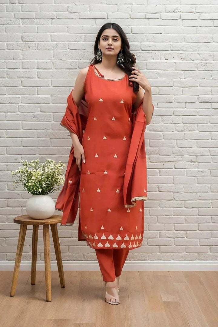Rust Orange Embroidered Kurta Set with Chiffon Dupatta