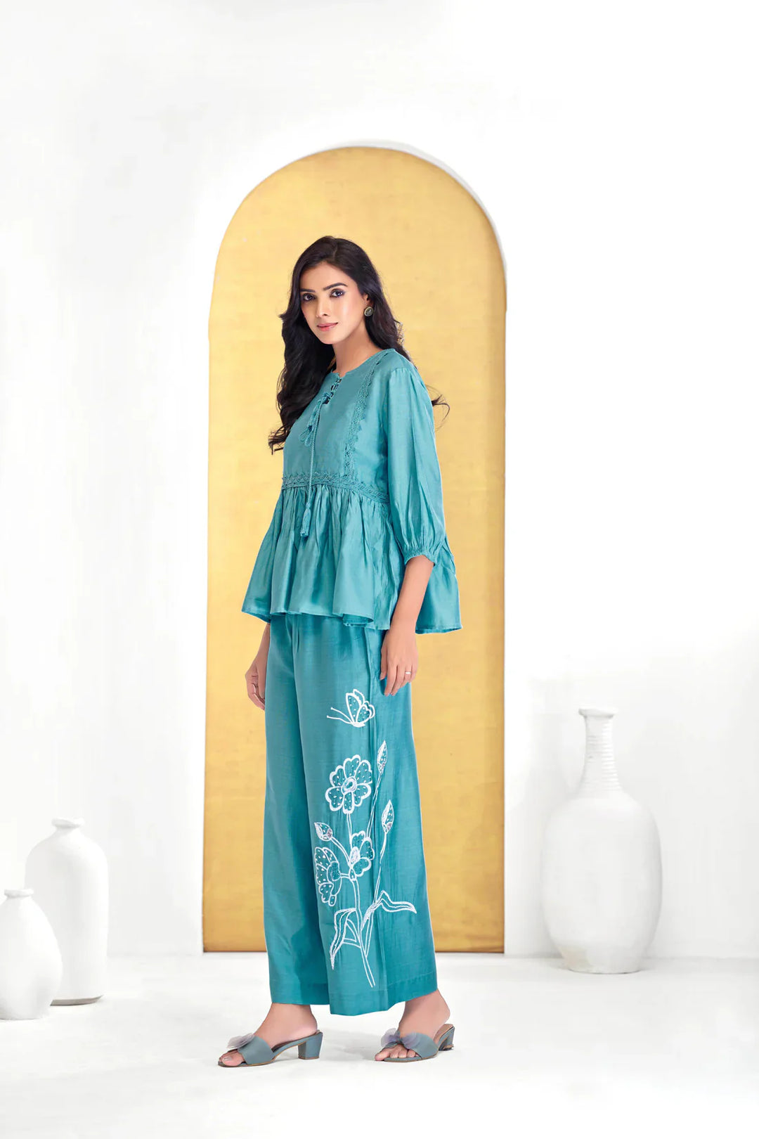 Ice Blue Floral Print Cotton Coord Set