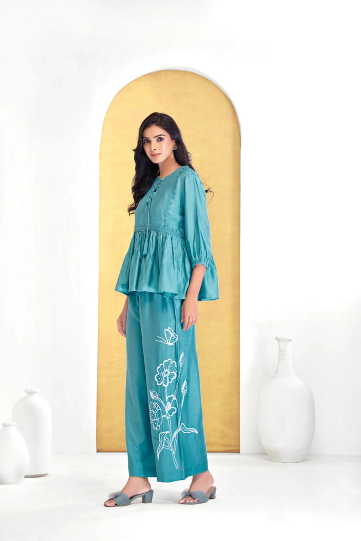 Ice Blue Floral Print Cotton Coord Set