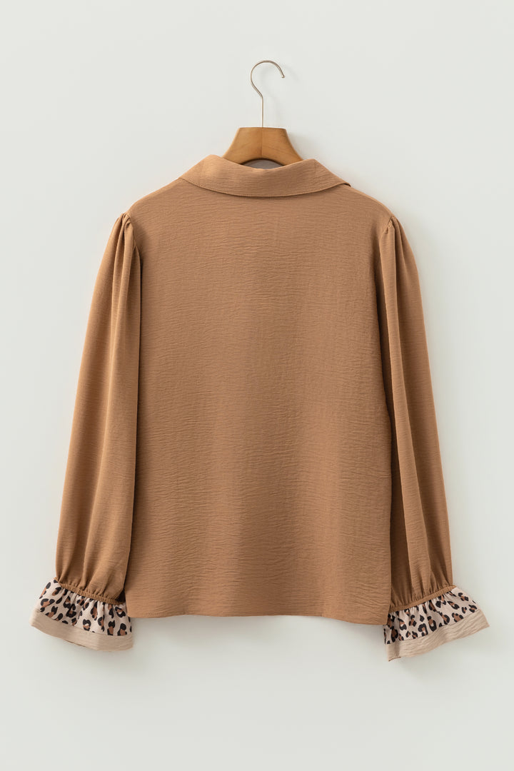 Camel Contrast Leopard Print Patchwork Polo Collar Buttons Front Ruffled Long Sleeve Blouse