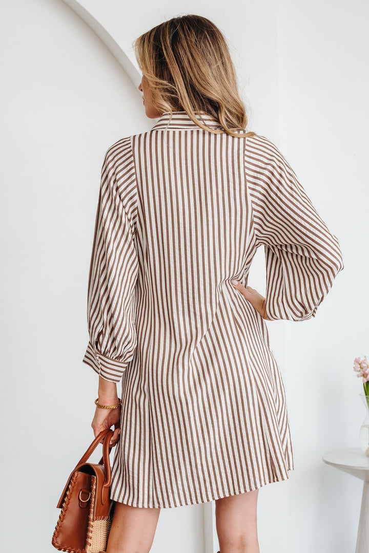 Brown Stripe Knot Waist Puff Sleeve Button Down Mini Shirt Dress