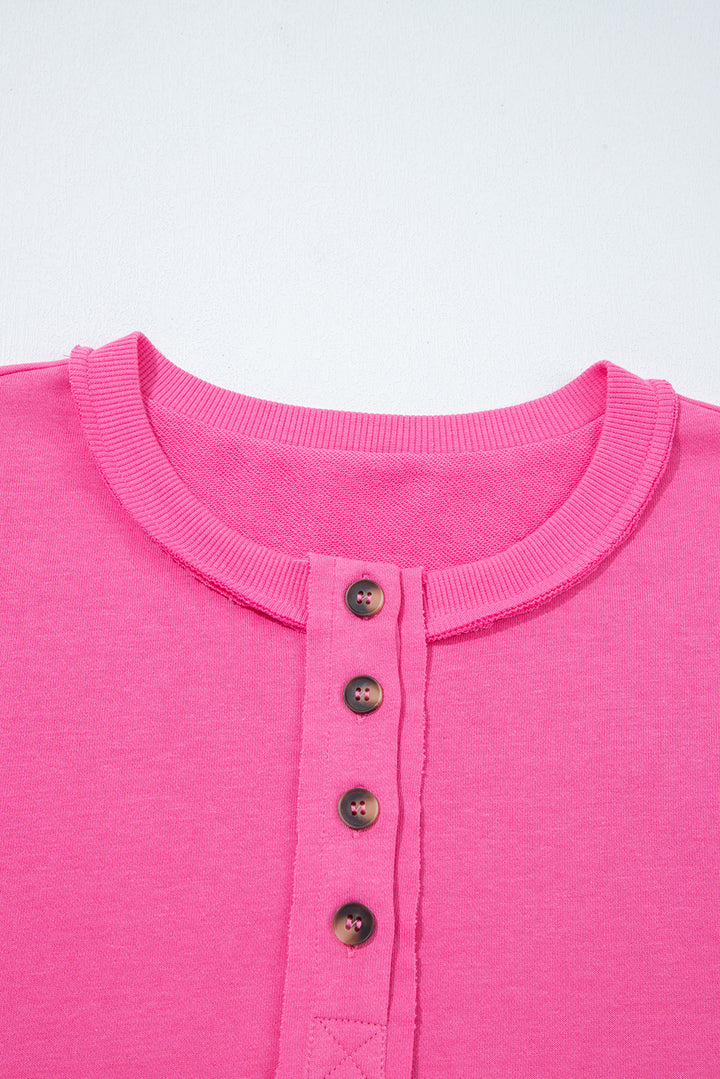 Bright Pink Raw Edge Henley Pullover and Jogger Pants Set
