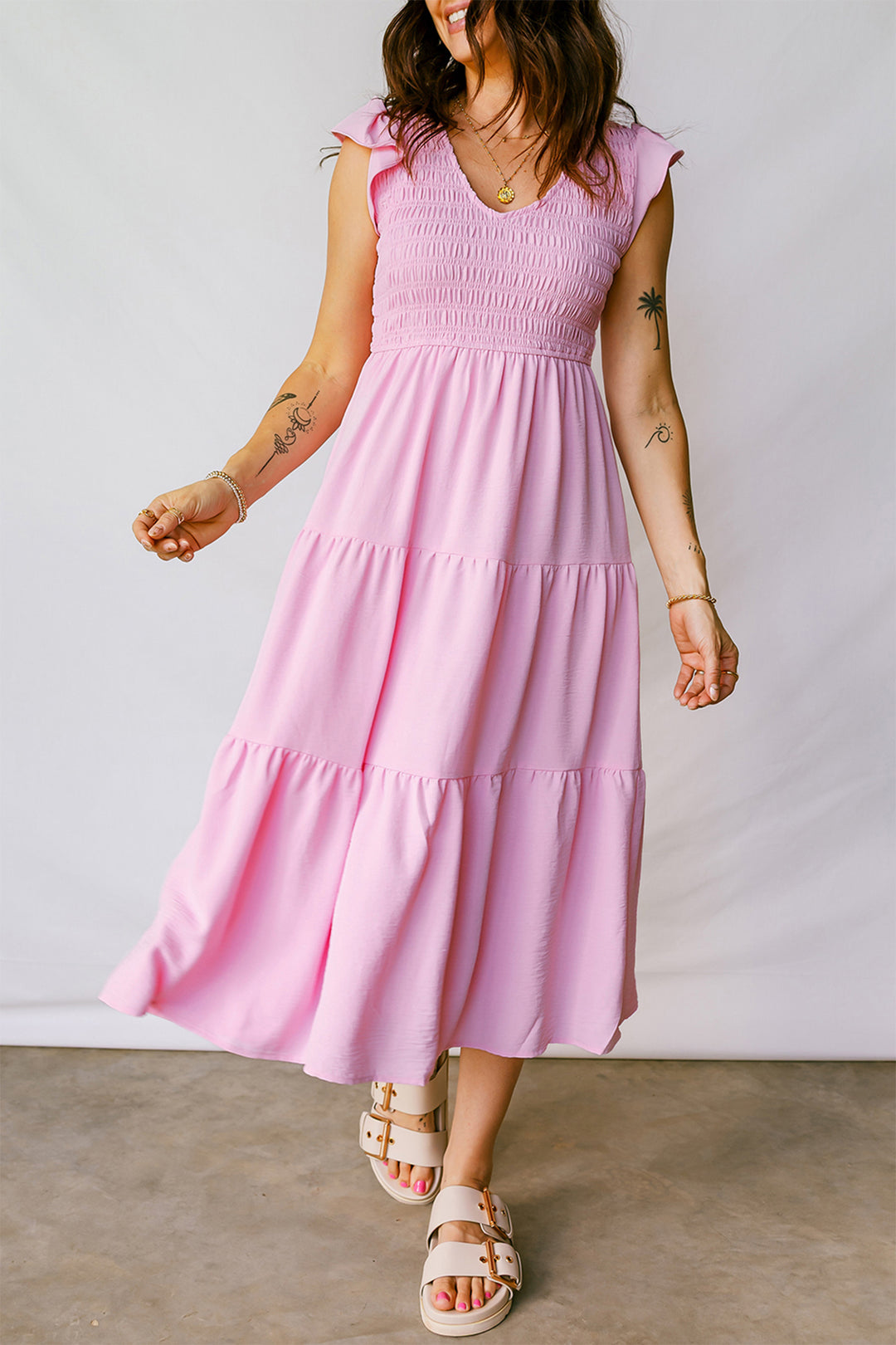 Pink Smocked Bodice Flutter Sleeve Fit Flare Tiered Midi Dress