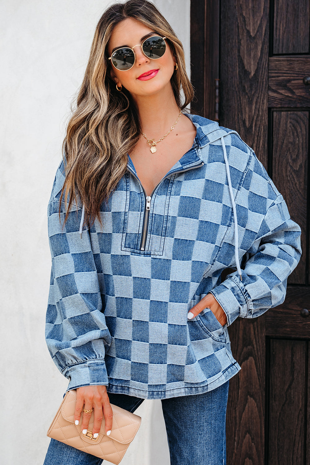 Sky Blue Checkerboard Oversized Zipped Neck Kangaroo Pocket Denim Hoodie