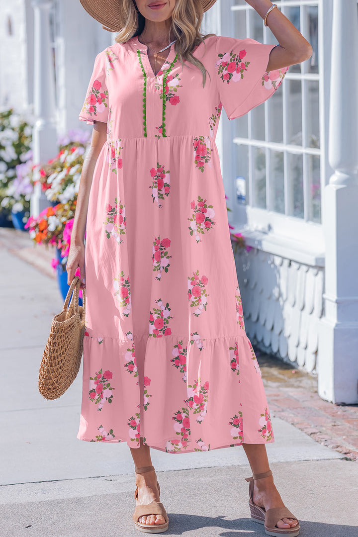 Pink Notched Neck Flutter Short Sleeve Floral Print Maxi Dress