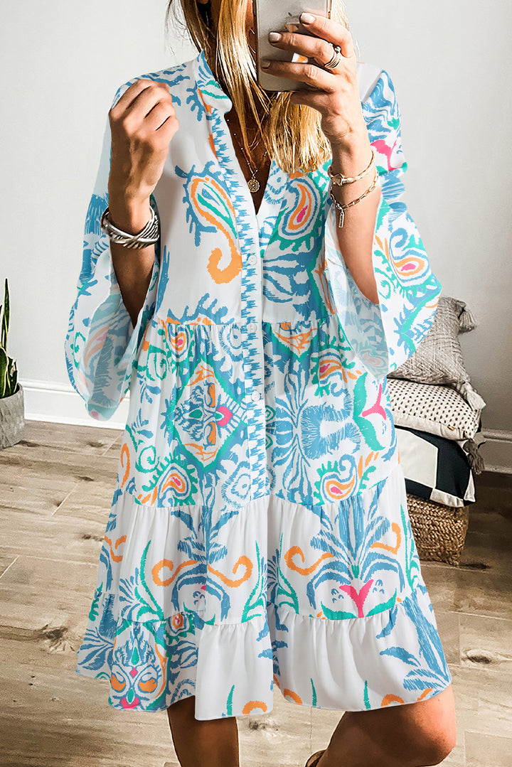 White Printed Tribal Bracelet Sleeve Buttoned Mini Dress