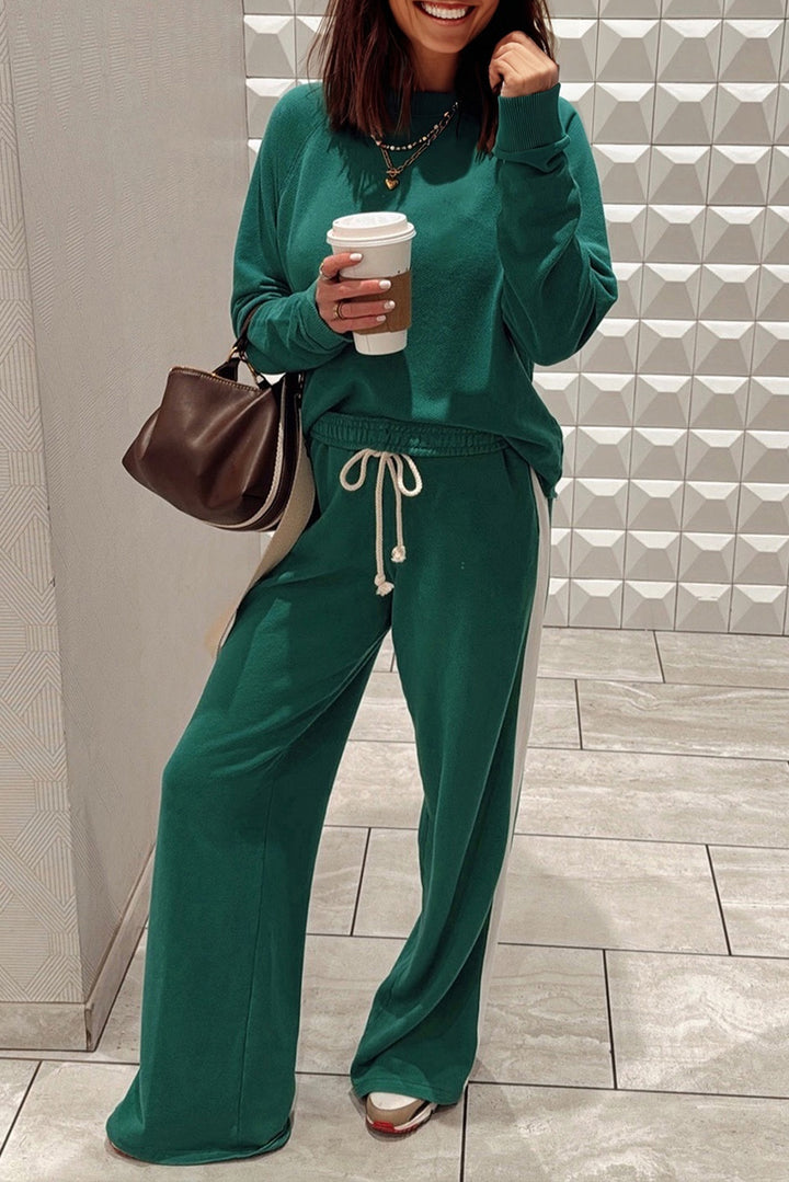 Sea Green Solid Color Pullover Top Varsity Stripe Detail Loose Drawstring Pants Set
