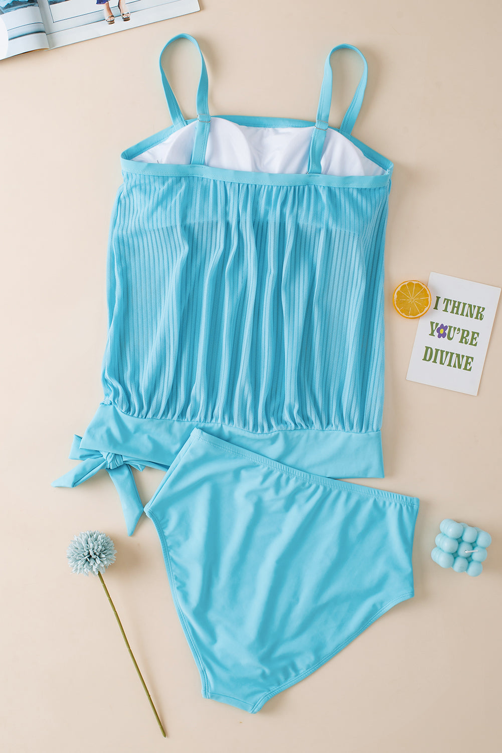 Turquoise Striped Mesh Knotted Hem Tankini Swimsuit