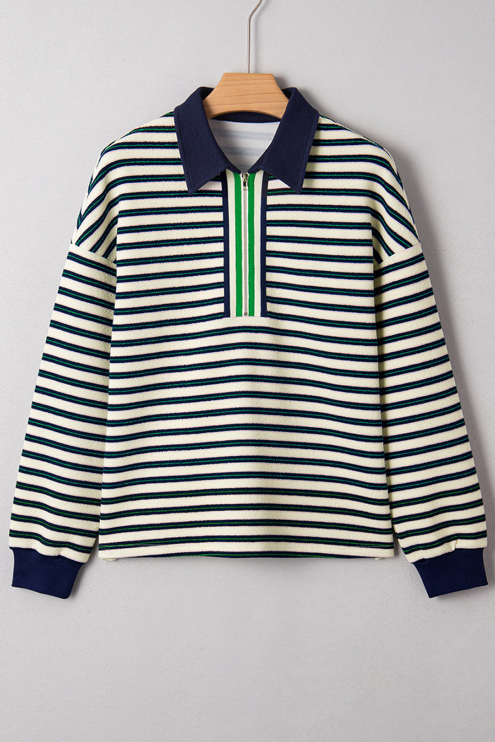 Racing Red Striped Print Contrast Collar Zip V Neck Long Sleeve Top