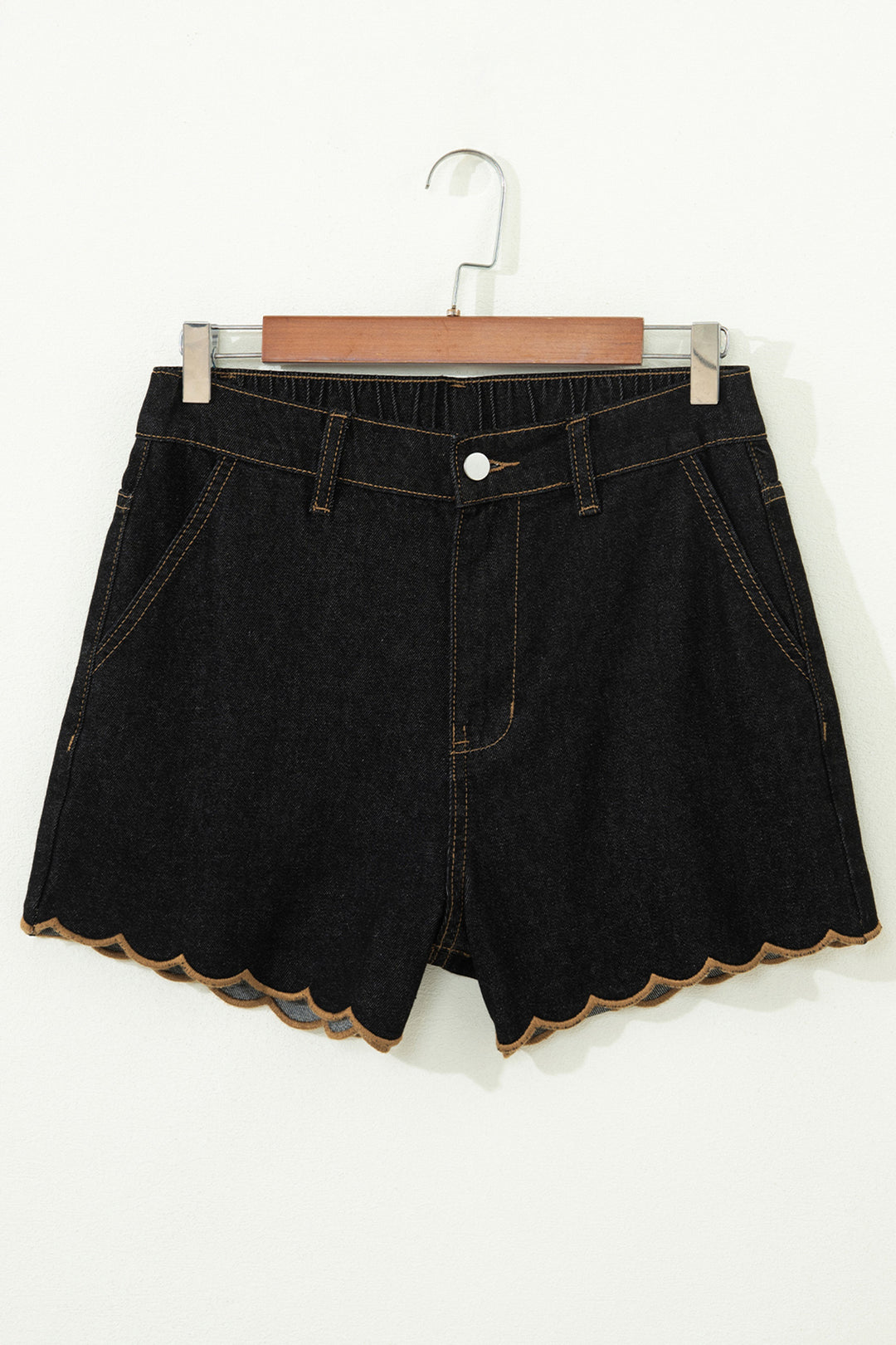 Navy Blue Embroidered Scalloped Trim Relaxed Denim Shorts