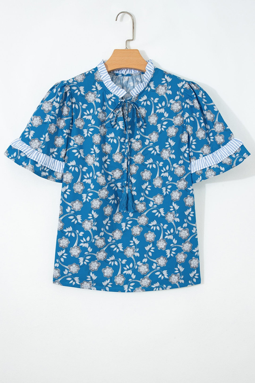 Blue Floral Print Button Tie Neck Striped Detail Short Sleeve Blouse