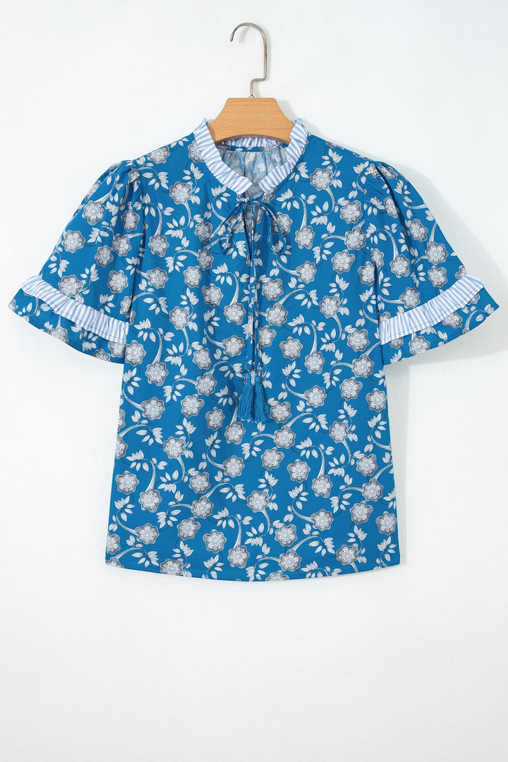 Blue Floral Print Button Tie Neck Striped Detail Short Sleeve Blouse