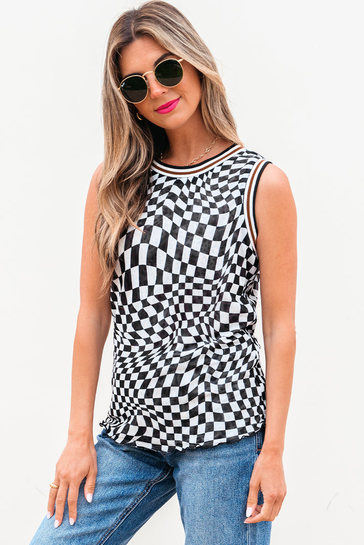 Multicolour Cheetah Checkered Dual Print Reversible Round Neck Mesh Tank Top