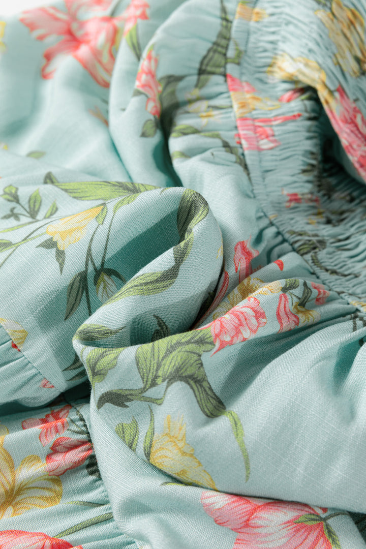 Yellow Smocked Bodice Ruffled Sleeveless Tiered Floral Maxi Dress