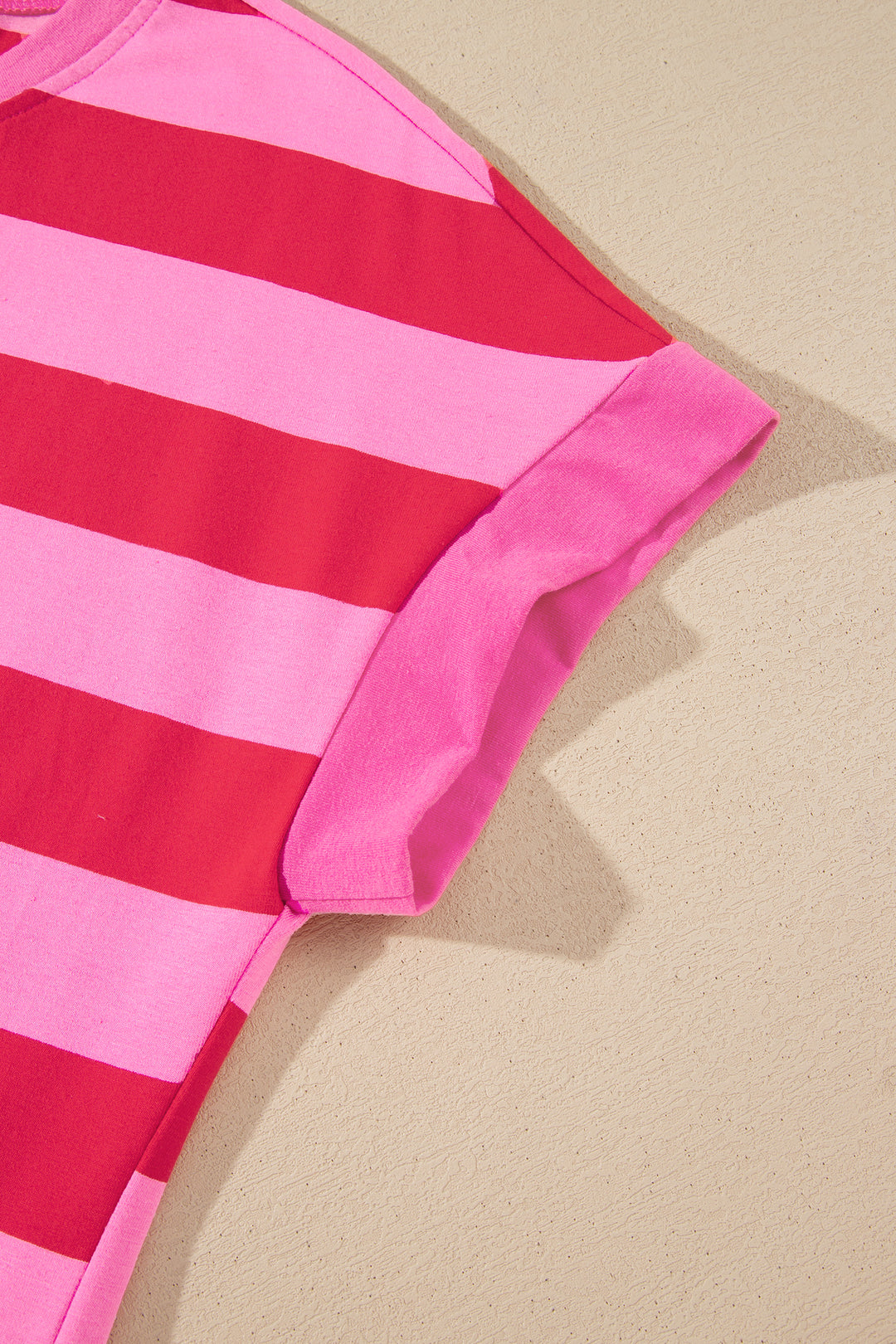 Rose Stripe Cuffed Short Sleeve Pocketed Casual T Shirt Long Dress
