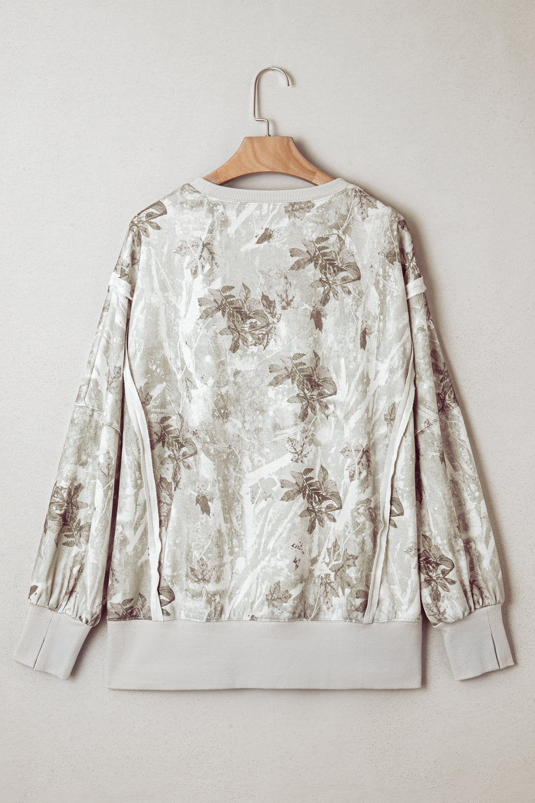 Gray Leafy Camo Print Exposed Seam Patchwork Baggy Slit Sweatshirt