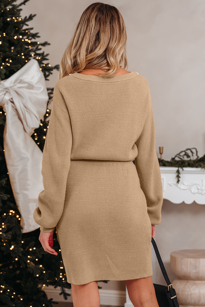 Smoke Gray Pearl Embellished Keyhole Ribbed Sweater Dress