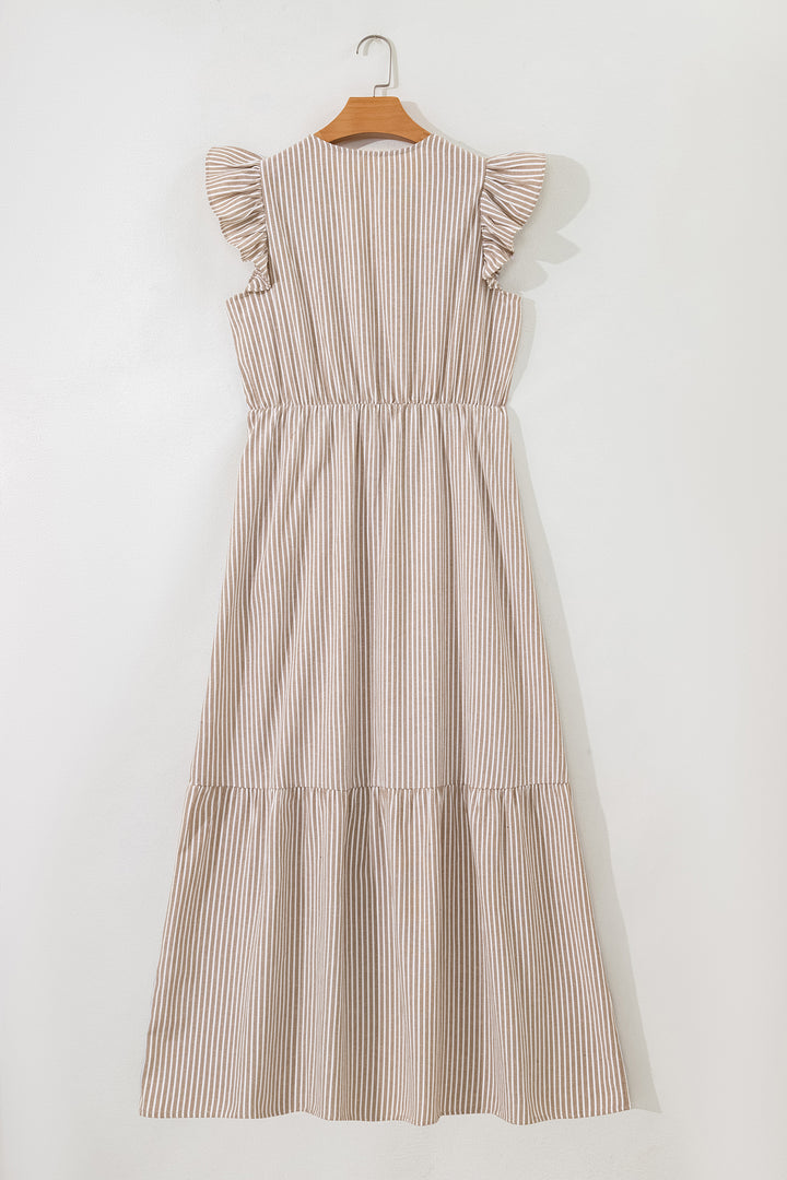 Khaki Stripe Flutter Sleeve Buttoned Front Slit Maxi Dress
