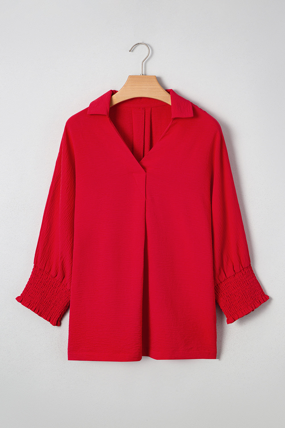 Fiery Red V Neck Collared Shirred 3/4 Sleeve Oversized Tunic Top