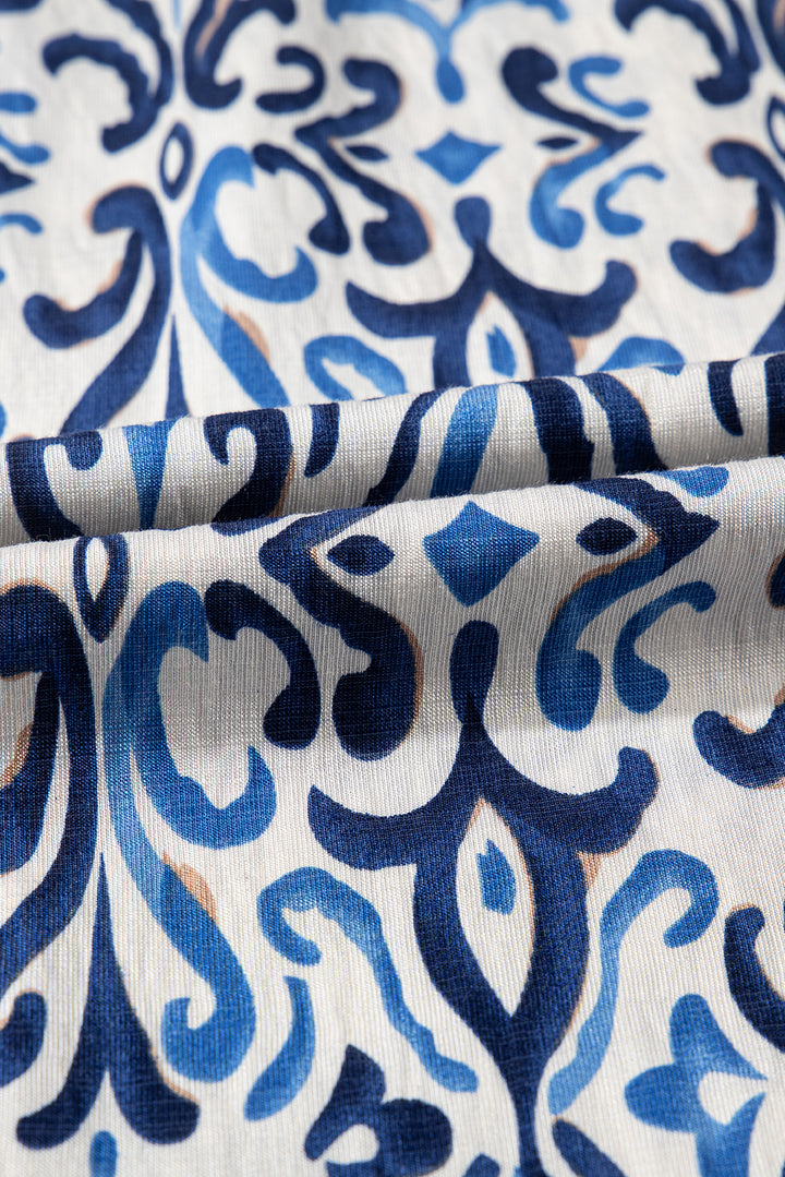 Sky Blue Boho Print Smocked High Waist Maxi Dress