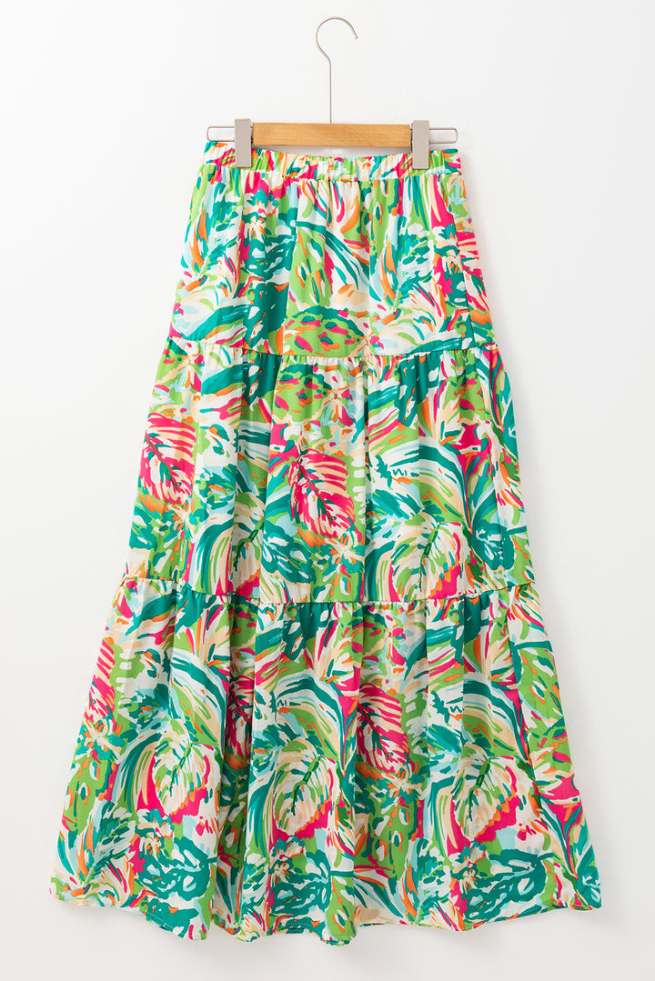 Green Abstract Printed High Waist Tiered Maxi Skirt | Women