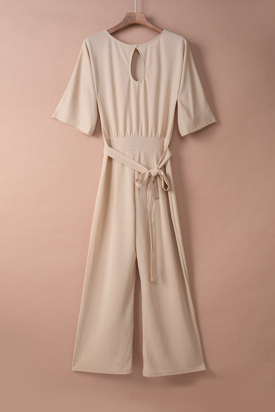 Apricot Braselet Sleeve Waist Tie Wide Leg Jumpsuit