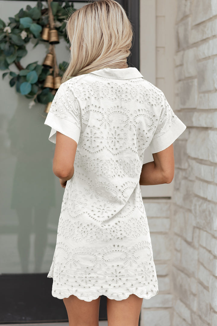 White Solid Color Eyelet Embroidered Cotton T Shirt Mini Dress