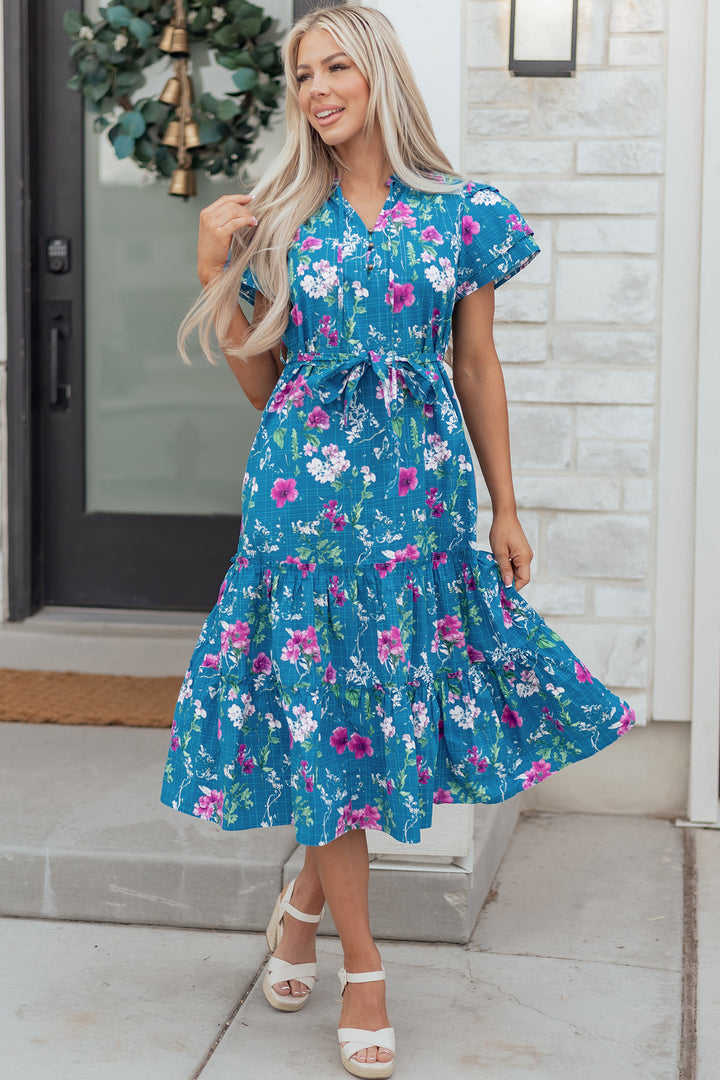 Blue Floral Flutter Sleeve Button Tie Split Neck Belted Long Dress