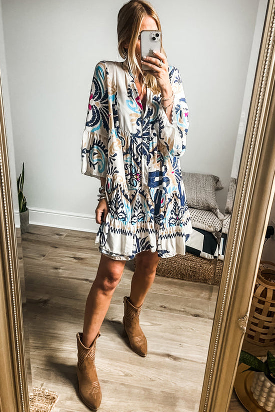 White Printed Tribal Braselet Sleeve Buttoned Mini Dress | Women