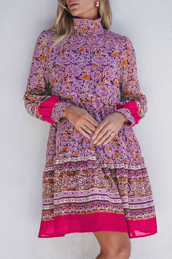 Purple Floral Smocked Puff Sleeve High Neck Mini Dress | Women