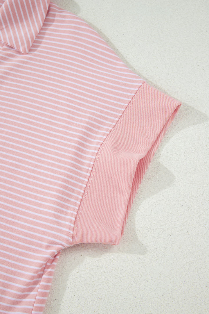 Pink Stripe Dolman Sleeve Polo Shirt and Drawstring Shorts Set