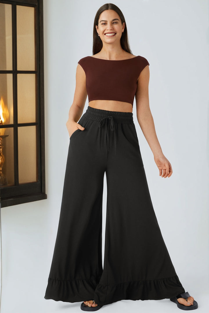 Black Ruffled Wide Leg Pull On High Waist Pants with Pockets
