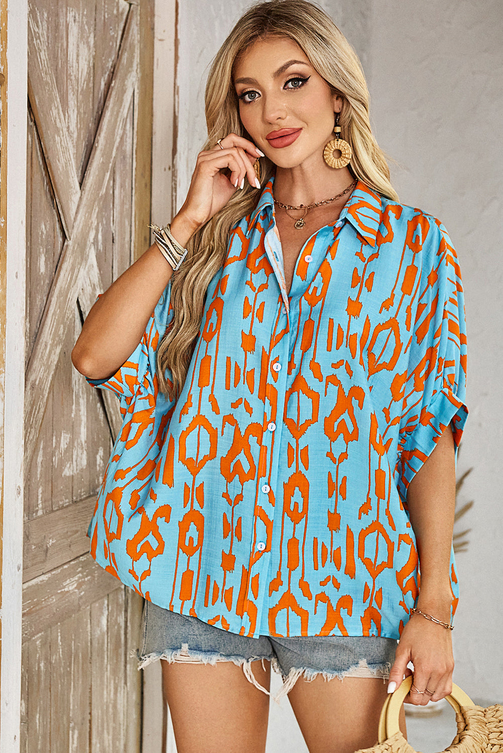Sky Blue Abstract Print Dolman Short Sleeve Western Loose Shirt