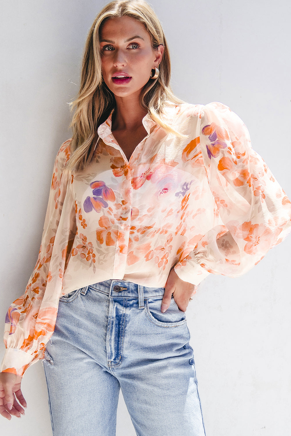 White Floral Print Collared Balloon Sleeve Loose Shirt | Women