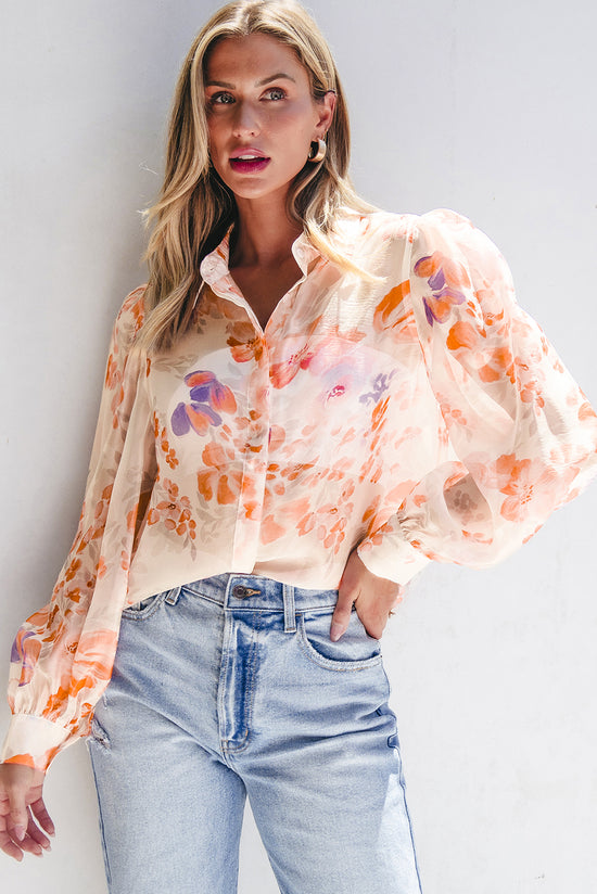 White Floral Print Collared Balloon Sleeve Loose Shirt | Women