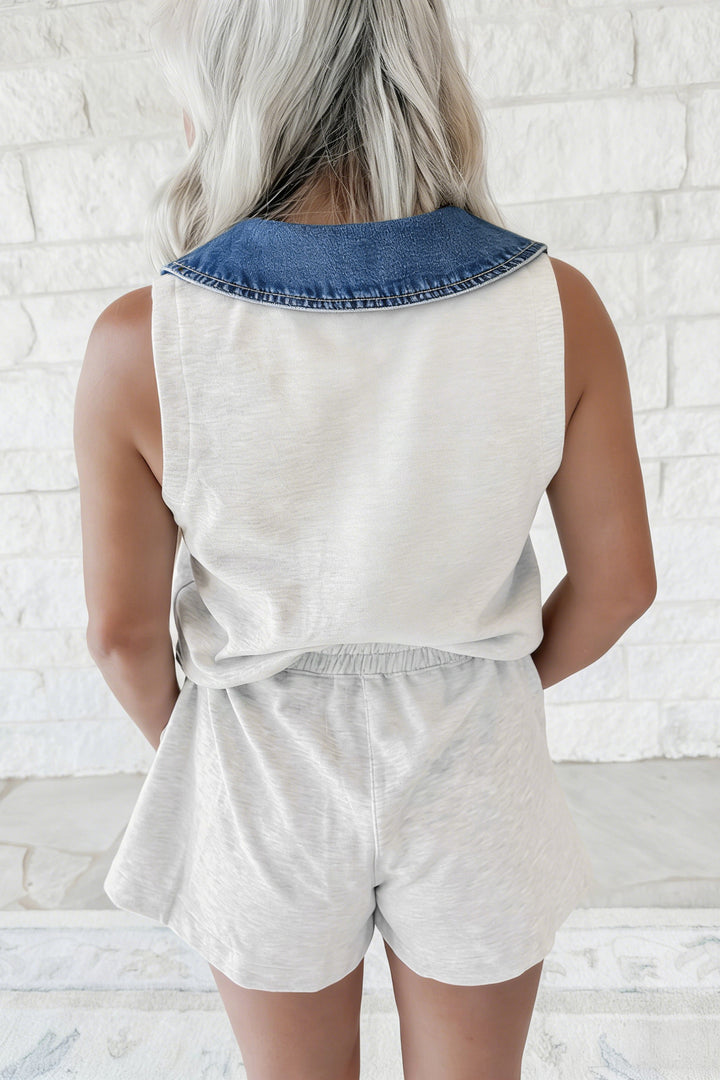 Light Grey Denim Patchwork Polo Collar Elastic Waist Sleeveless Romper
