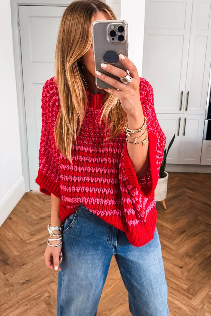 Red Stripe 3/4 Draped Sleeve Slouchy Sweater