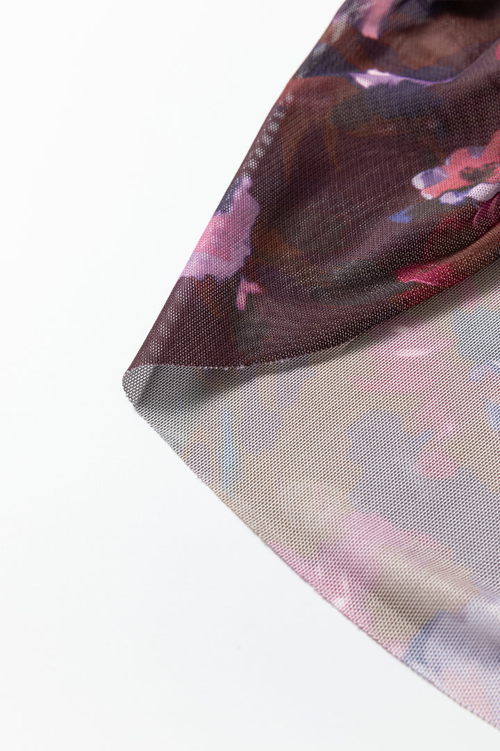 Brown High Neck Ruched Floral Mesh Top