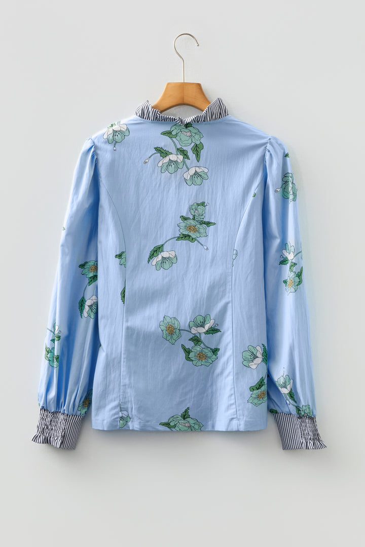 Sky Blue Floral Print Contrast Striped Trim Ruffled V Neck Fall Blouse