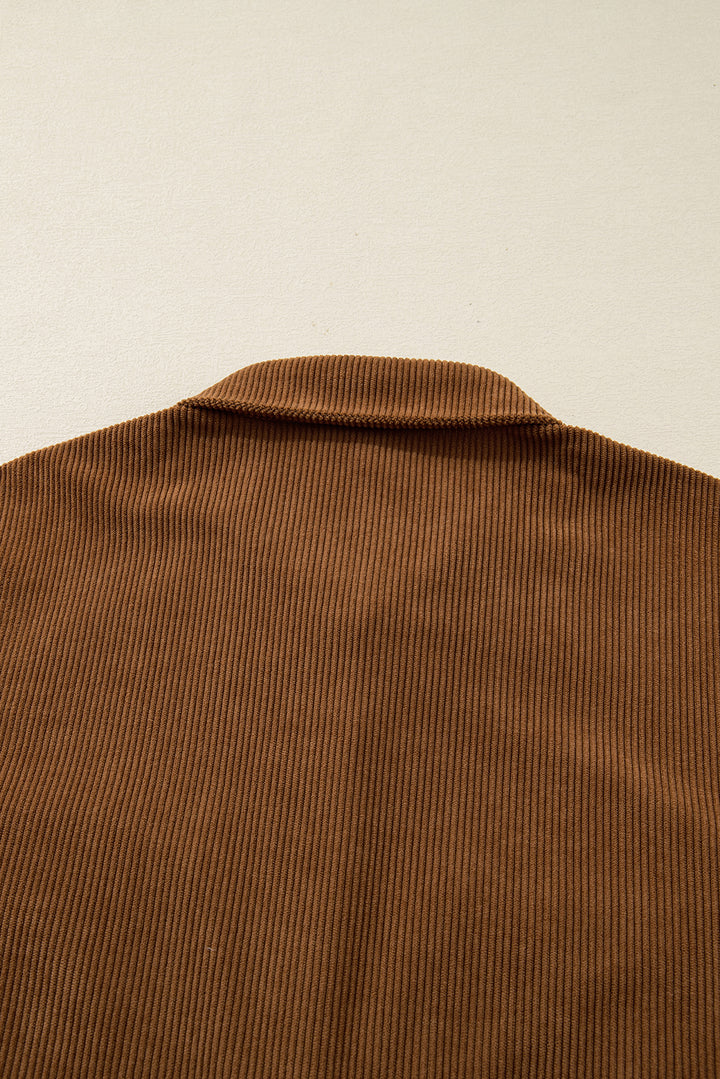 Camel Corduroy Full Buttoned Collared Shirt Style Plus Size Dress