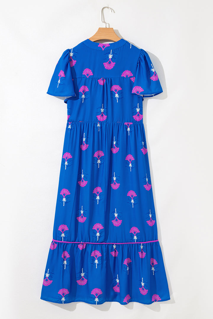 Blue Floral Print Notched Neck Butterfly Sleeve Shift Long Dress