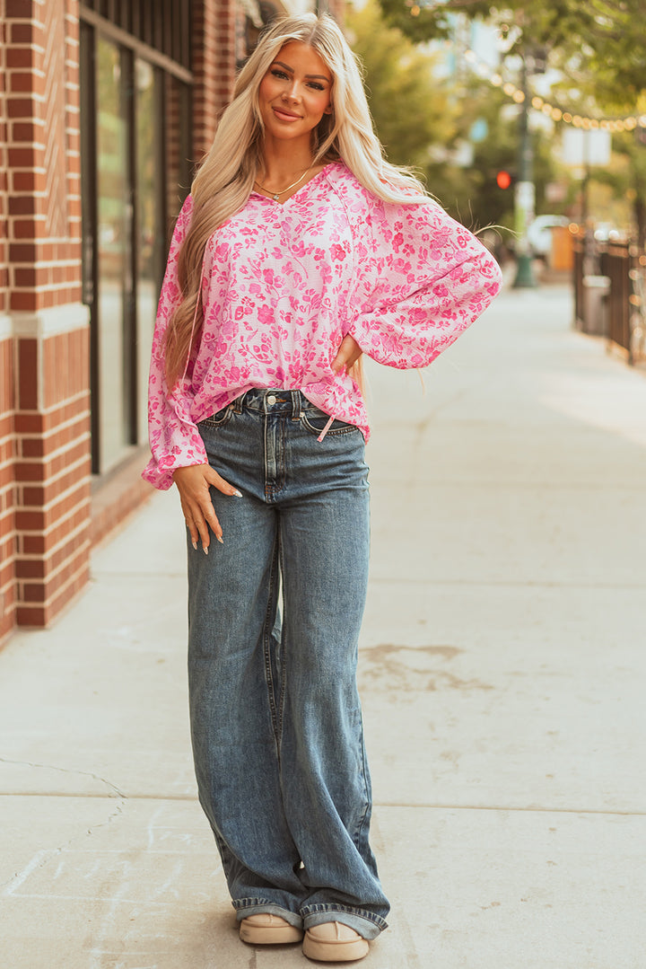 Pink Floral Puff Sleeve Split Neck Lightweight Blouse