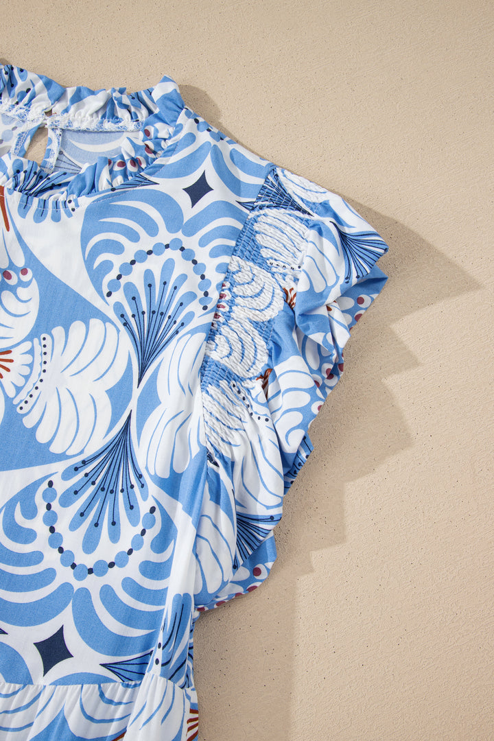 Sky Blue Tropical Botanic Print Flutter Sleeve Vacation Long Dress